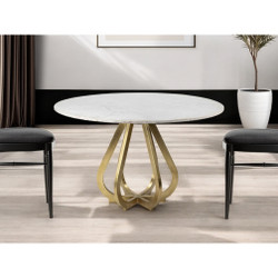 48" White and Gold Rounded Marble and Metal Pedestal Base Dining Table