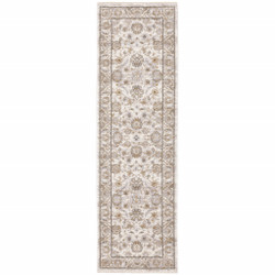 Ivory and Grey Oriental Power Loom Runner Rug 2' X 8' Stain Resistant Design with Fringe