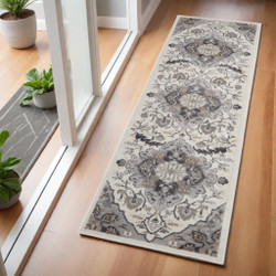 6' Ivory Black and Gray Floral Medallion Non-Skid Runner Rug
