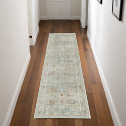 8' Blue and Ivory Oriental Distressed Runner Rug with Fringe Stylish Vintage-Inspired