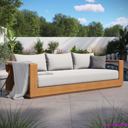 Acacia Wood Outdoor Patio Sofa in Natural Light Gray Weather-Resistant Cushions