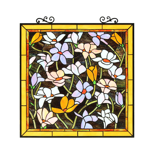 CHLOE Lighting PLUMERIA Floral Tiffany-Style Stained Glass Verical Hanging Window Panel 25" Tall