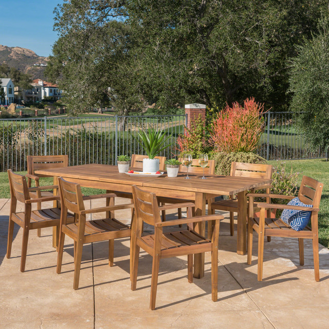 William Outdoor 9 Piece Teak Finished Acacia Wood Dining Set with Expandable Dining Table