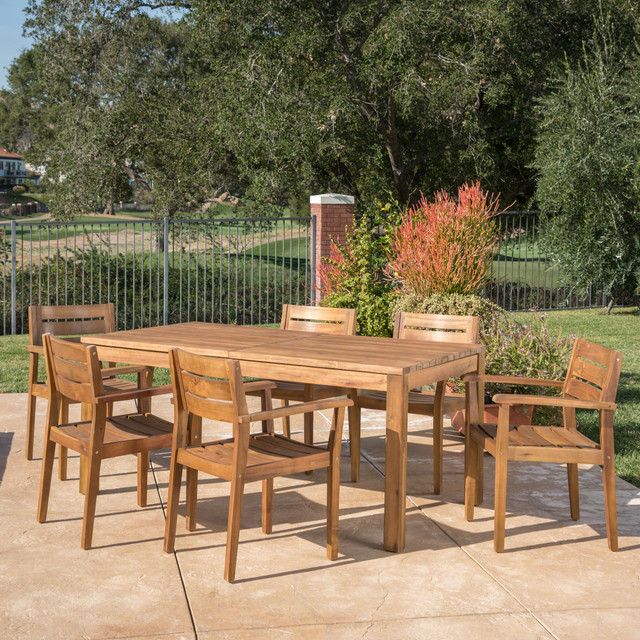 William Outdoor 7 Piece Teak Finished Acacia Wood Dining Set with Expandable Dining Table
