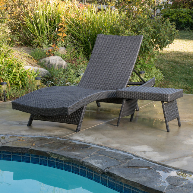 Olivia Outdoor Grey Wicker Adjustable Chaise Lounge and Table Set