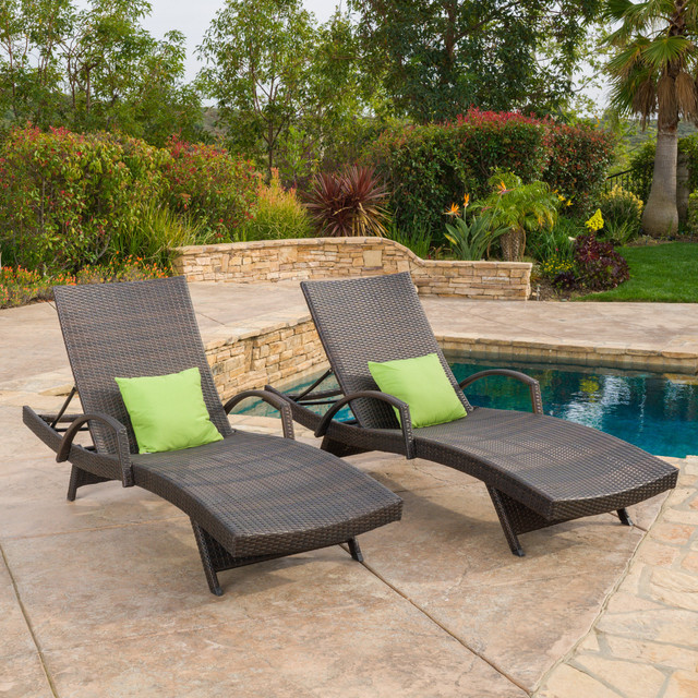 (Set of 2) Olivia Outdoor Brown Wicker Armed Chaise Lounge Chair