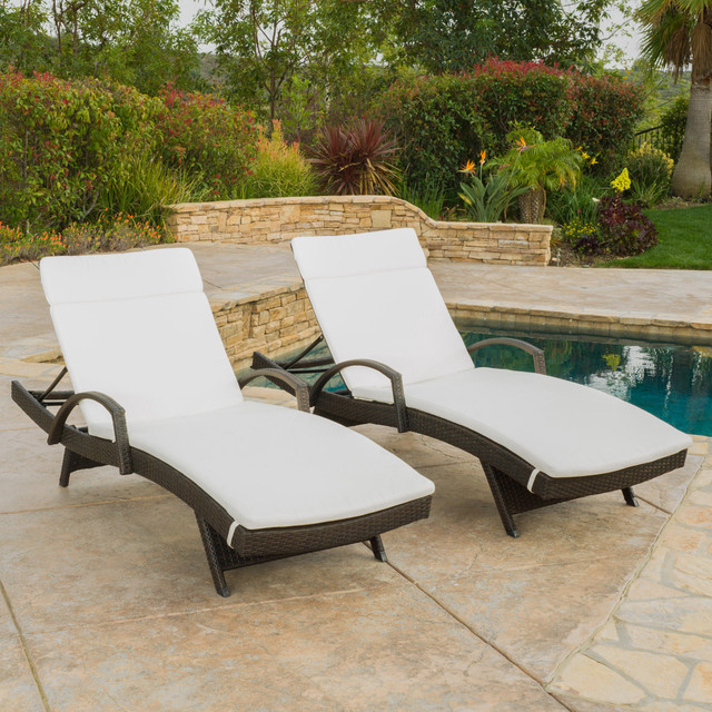 (Set of 2) Olivia Outdoor Wicker Armed Chaise Lounge Chair with Off-White Cushion