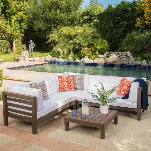 Oana 4 Piece Outdoor Wooden Sectional Set w/ White Cushions