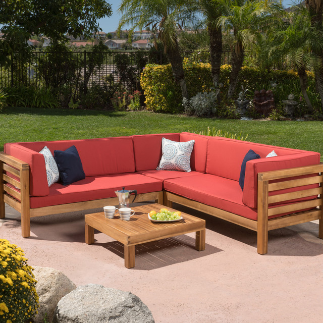 Oana 4 Piece Outdoor Wooden Sectional Set w/ Red Cushions