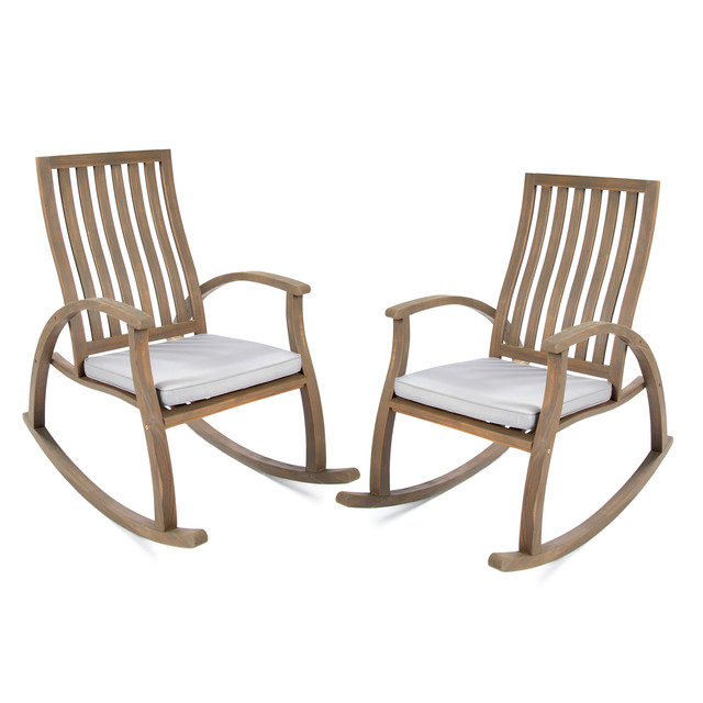 Cattan Outdoor Grey Finished Acacia Wood Rocking Chair with Grey Water Resistant Cushions (Set of 2)