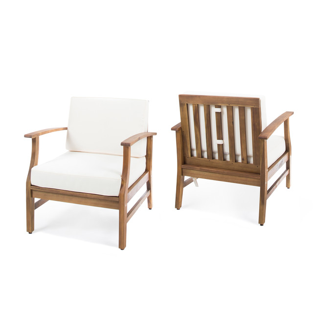 Pearl Outdoor Teak Finished Acacia Wood Club Chairs with Cream Water Resistant Cushions (Set of 2)