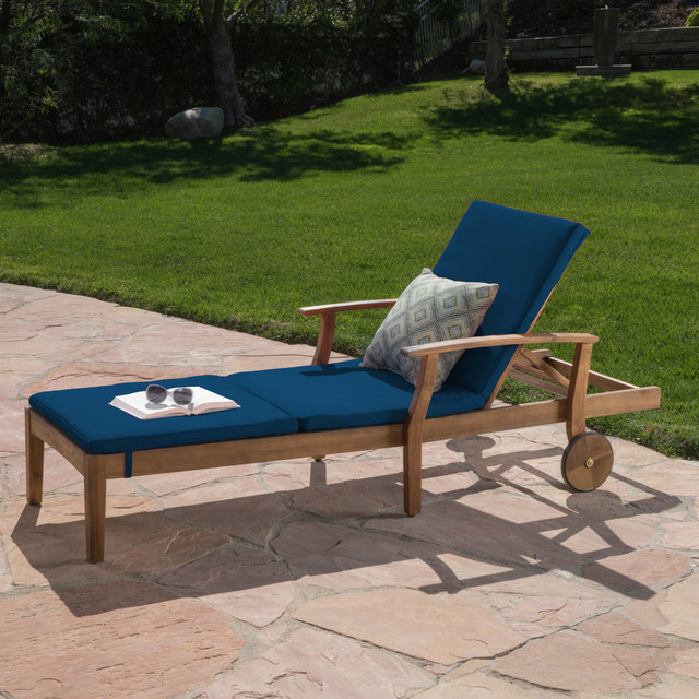 Daisy Outdoor Teak Finish Chaise Lounge with Blue Water Resistant Cushion