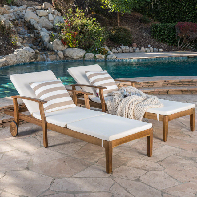 Daisy Outdoor Teak Finish Chaise Lounge with Cream Water Resistant Cushion (Set of 2)