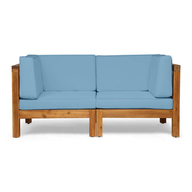 Keith Outdoor Sectional Loveseat Set | 2-Seater | Acacia Wood | Water-Resistant Cushions | Teak and Blue