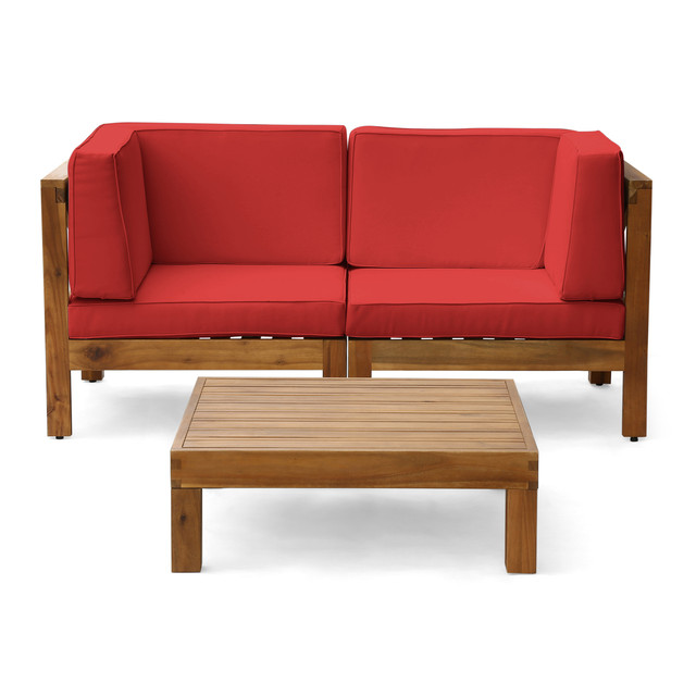 Keith Outdoor Sectional Loveseat Set with Coffee Table | 2-Seater | Acacia Wood | Water-Resistant Cushions | Teak and Red
