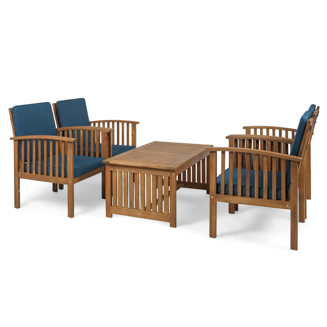 Tolbert Outdoor 4-Seater Acacia Wood Club Chairs with Coffee Table, Brown Patina Finish and Dark Teal