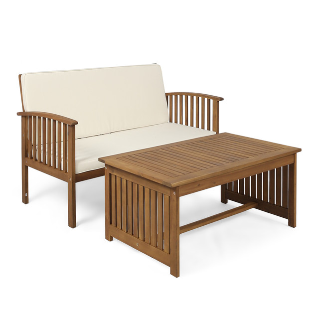 Tolbert Outdoor Acacia Wood Loveseat and Coffee Table, Brown Patina Finish and Cream