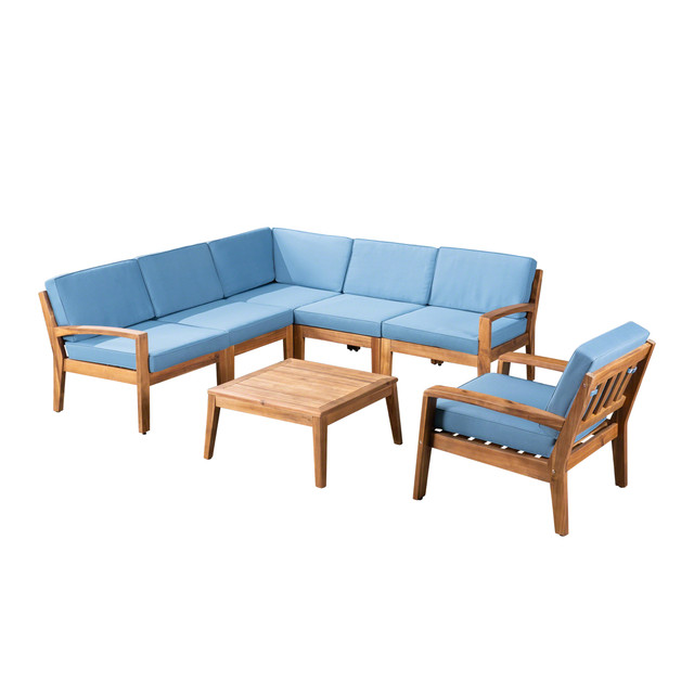 Amaryllis Sectional Sofa Set for Patio | Acacia Wood with Cushions | 5-Piece Sectional with Club Chair and Coffee Table | Teak and Blue