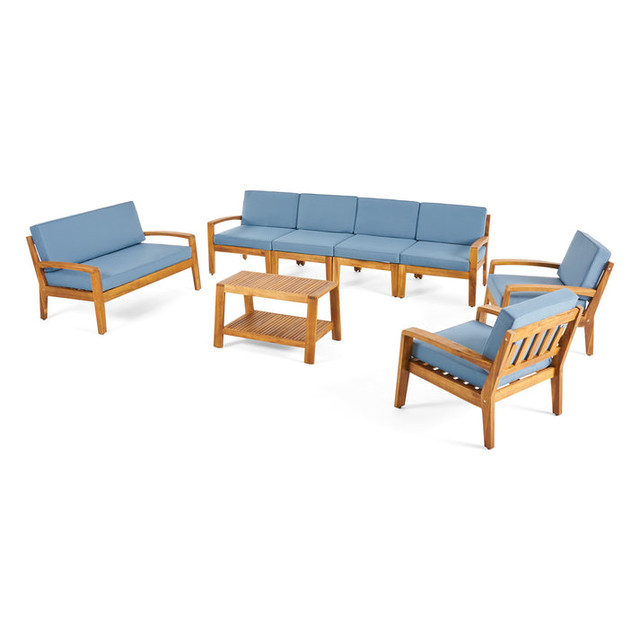 Amaryllis Sectional Sofa Set for Patio | Acacia Wood with Cushions | 4-Piece Sectional with Coffee Table, Loveseat, and Club Chairs | Teak and Blue