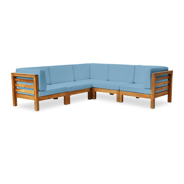 Dawson Outdoor V-Shaped Sectional Sofa Set - 5-Seater - Acacia Wood - Outdoor Cushions - Teak and Blue