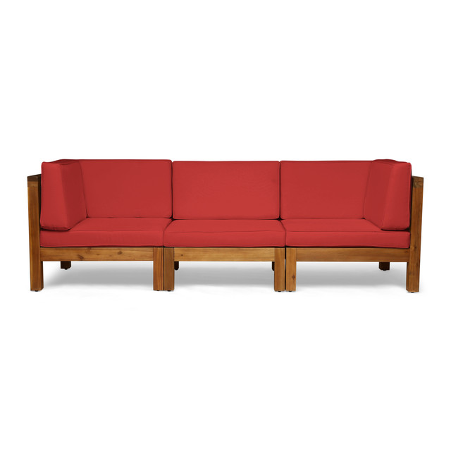 Dawson Outdoor Sectional Sofa Set - 3-Seater - Acacia Wood - Outdoor Cushions - Teak and Red