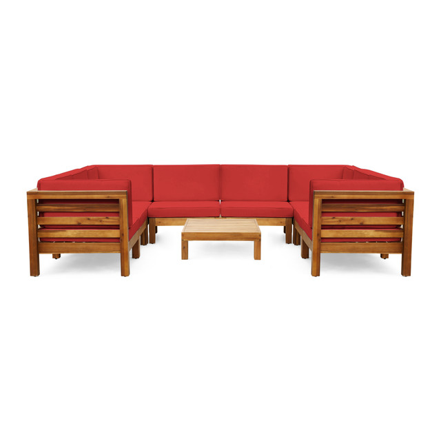 Dawson Outdoor U-Shaped Sectional Sofa Set with Coffee Table - 9-Piece 8-Seater - Acacia Wood - Outdoor Cushions - Teak and Red