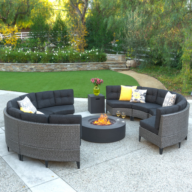 Nessett Outdoor 10 Piece Mixed Black Wicker Full Round Sofa Set with Dark Grey Fire Table