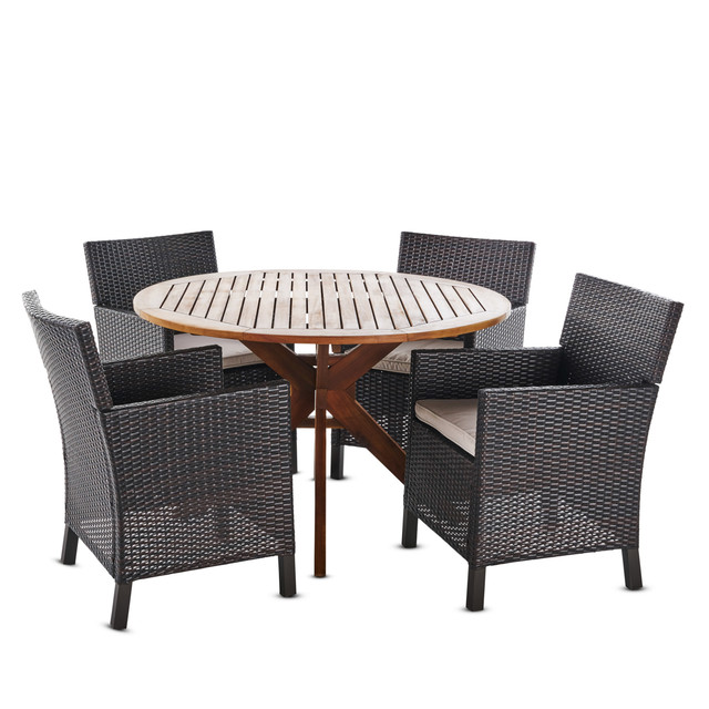 Warner Outdoor 5 Piece Multibrown Wicker Dining Set with Teak Finished Round Acacia Wood Table and Light Brown Water Resistant Cushions