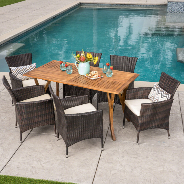 Anthony Outdoor 7 Piece Acacia Wood/ Wicker Dining Set with Cushions, Teak Finish and Multibrown with Beige