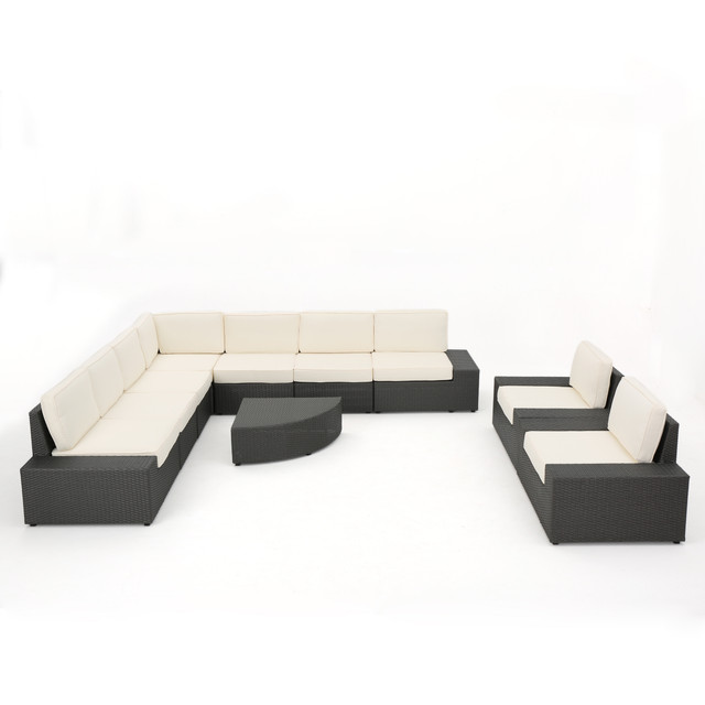 Sheridan Outdoor 10 Piece Grey Wicker Sectional with White Water Resistant Cushions
