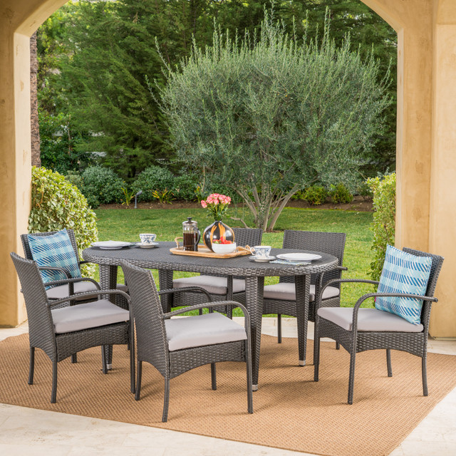Bunny Outdoor 7 Piece Grey Wicker Oval Dining Set with Grey Water Resistant Cushions