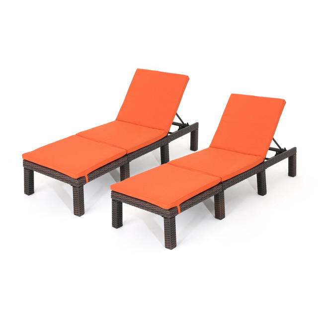 Joyce Outdoor Multibrown Wicker Chaise Lounge with Orange Water Resistant Cushion (Set of 2)