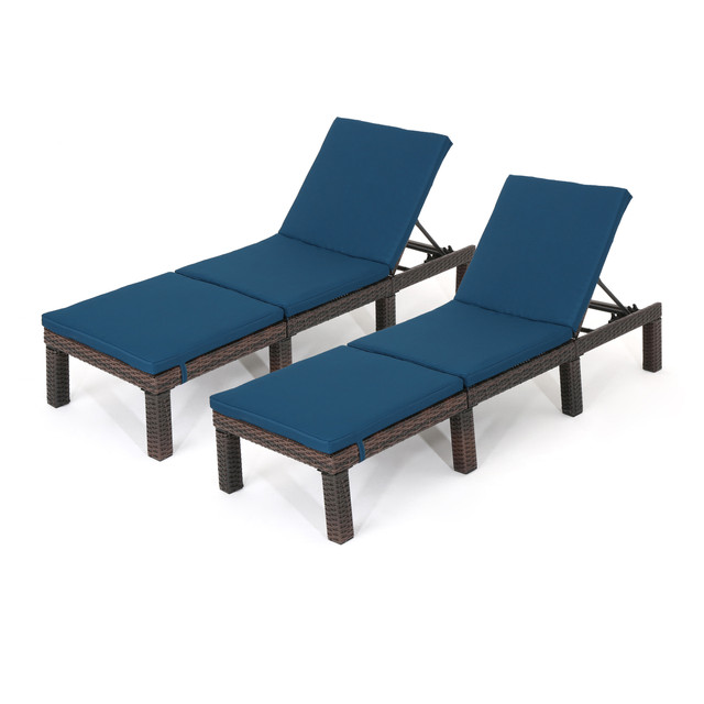 Joyce Outdoor Multibrown Wicker Chaise Lounge with Blue Water Resistant Cushion (Set of 2)