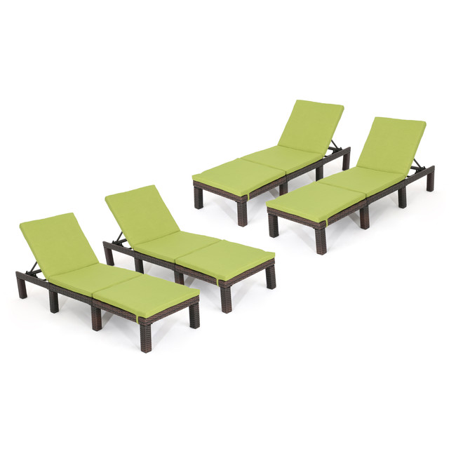 Joyce Outdoor Multibrown Wicker Chaise Lounge with Green Water Resistant Cushion (Set of 4)