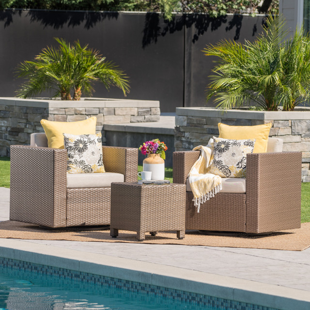 Venice Outdoor Light Brown Wicker 3 Piece Swivel Chat Set with Ceramic Grey Water Resistant Cushions