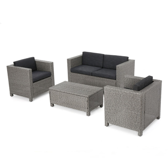 Pueblo 4 Piece Mixed Black Wicker Chat Set with Dark Grey Water Resistant Cushions and Set Cover