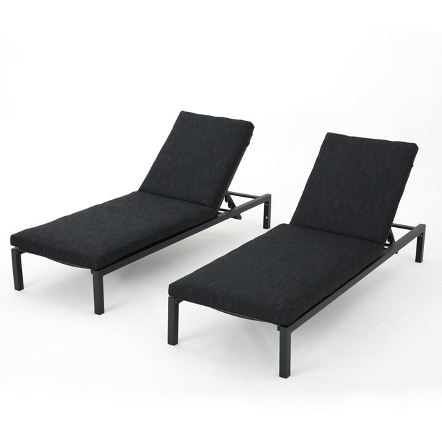 Nealie Outdoor Dark Grey Mesh Chaise Lounge with Black Aluminum Frame and Dark Grey Water Resistant Cushion (Set of 2)