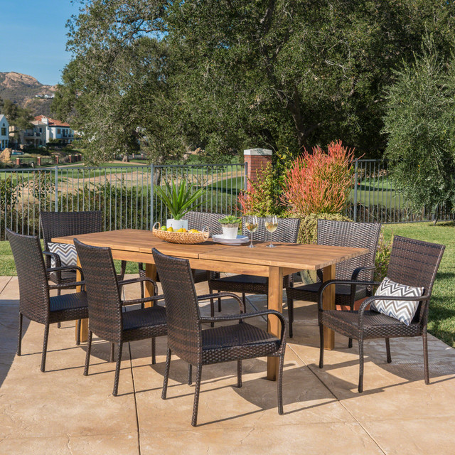 Delilah Outdoor 9 Piece Multibrown Wicker Dining Set with Teak Finished Acacia Wood Expandable Dining Table