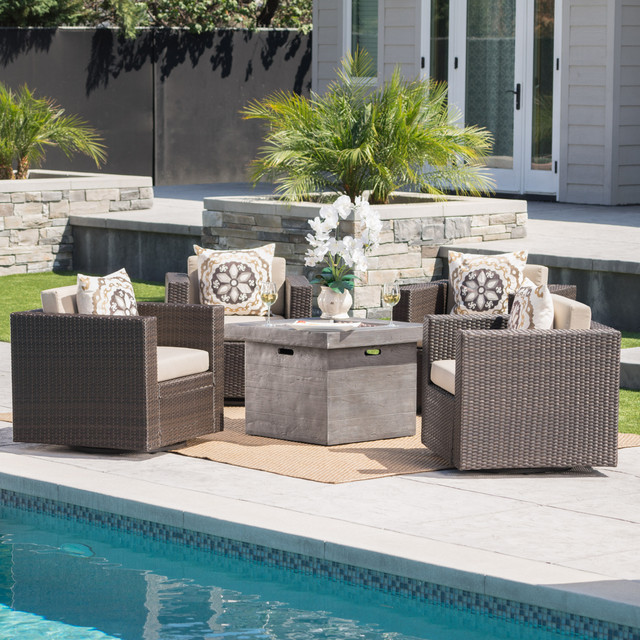 Venice Outdoor 5 Piece Chat Set with Dark Brown Wicker Swivel Club Chairs with Beige Water Resistant Cushions and Grey Fire Pit