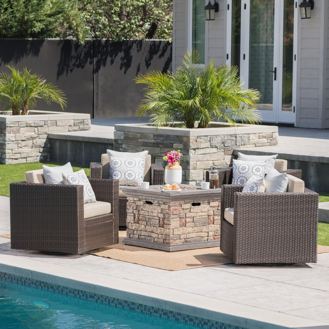 Venice Outdoor 5 Piece Chat Set with Dark Brown Wicker Swivel Club Chairs with Beige Water Resistant Cushions and Stone Finished Fire Pit