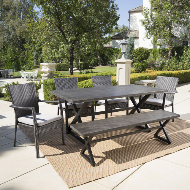 Trifane Outdoor 6 Piece Grey Aluminum Dining Set with Bench and Grey Wicker Dining Chairs with Grey Water Resistant Cushions