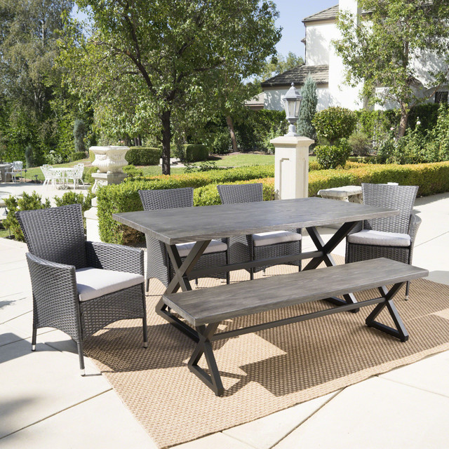Owenburg Outdoor 6 Piece Grey Aluminum Dining Set with Bench and Grey Wicker Dining Chairs with Silver Water Resistant Cushions