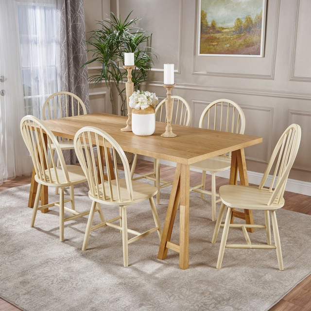 Amy Farmhouse Cottage 7 Piece Natural Oak Faux Wood Dining Set with Antique White Finished Rubberwood Chairs