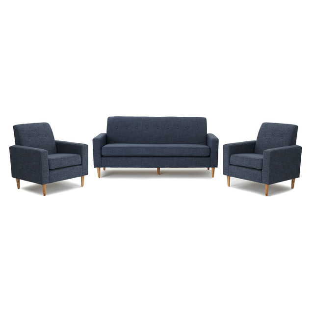 Stratford Mid Century Modern Dark Blue Fabric Sofa and Club Chairs Set