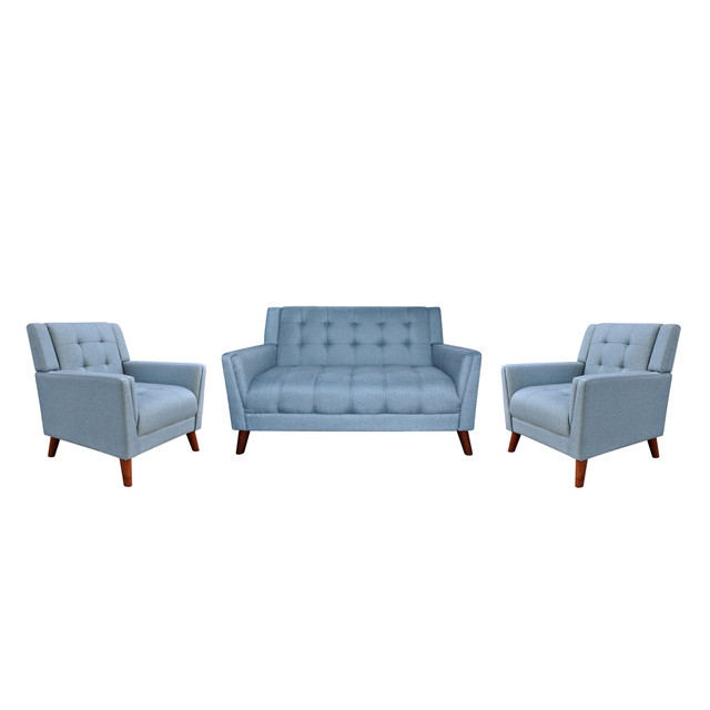 Evelyn Mid Century Modern Fabric Arm Chair and Loveseat Set, Blue