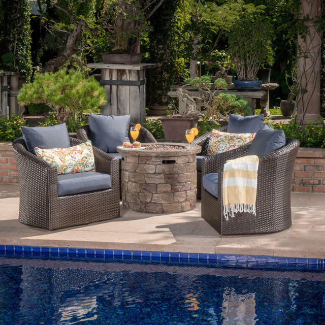 Zippa Outdoor 5 Piece Mixed Brown Wicker Swivel Club Chair Set with Natural Stone Fire Pit and Navy Blue Water Resistant Cushions