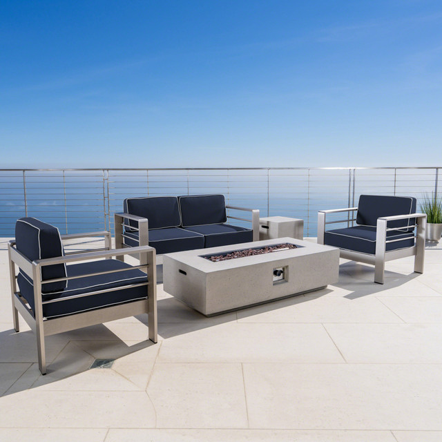 Coral Bay Outdoor 5 Piece Silver Finished Aluminum Chat Set with Canvas Navy with Canvas Natural Cording Sunbrella Cushions and Light Grey Fire Pit (Optional Sunbrella Cushions)