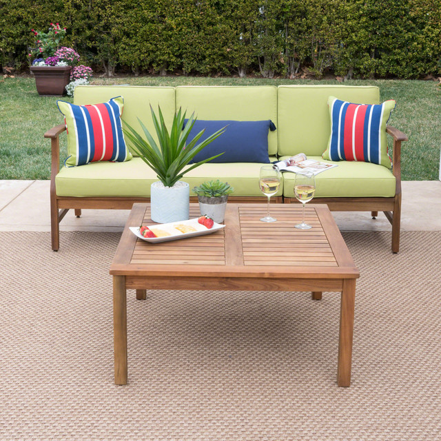 Lorelei Outdoor 3 Seater Teak Finished Acacia Wood Sofa and Table Set with Green Water Resistant Cushions