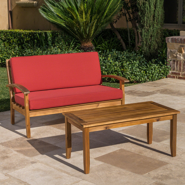 Peyton Outdoor Teak Finished Acacia Wood Loveseat and Coffee Table Set with Red Water Resistant Cushions