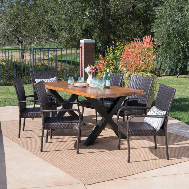 Amaryllis Outdoor 7 Piece Stacking Multibrown Wicker Dining Set with Brown Walnut Finish Light Weight Concrete Table